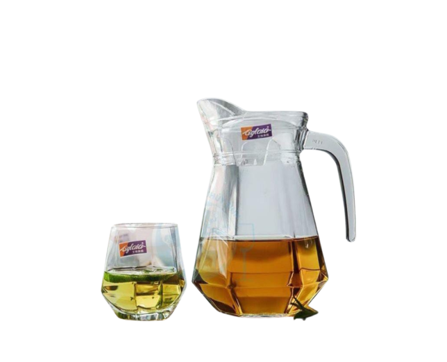 Hexagon Shape Glass Jug with 6 Glasses Included 1.4L