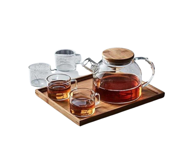 Glass Tea Pot with 4 glass cups with tray